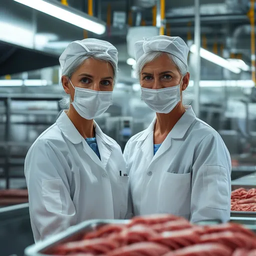 Prompt: Two employees in white hairnets and white coats in convenience production, clean and sterile environment, stainless steel equipment and machinery, industrial setting, vibrant and clear, high contrast colors, well-lit with bright overhead lighting, busy and active atmosphere, detailed expressions and work ethic, background featuring production line and meat processing tasks, ultra-detailed, 4K, high quality image.