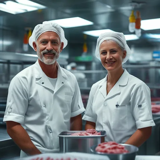 Prompt: Two employees in white hairnets and white coats in convenience production, clean and sterile environment, stainless steel equipment and machinery, industrial setting, vibrant and clear, high contrast colors, well-lit with bright overhead lighting, busy and active atmosphere, detailed expressions and work ethic, background featuring production line and meat processing tasks, ultra-detailed, 4K, high quality image.