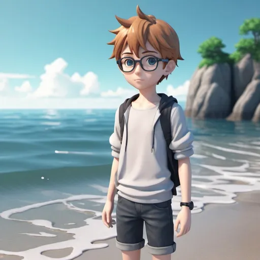 Prompt: a young And stylish 3D Anime programmer boy is standing in the sea shore.