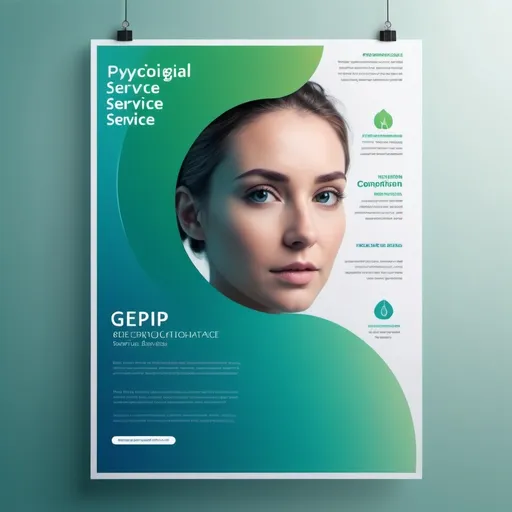 Prompt: psychological service poster, (modern design), green and blue gradient shades, sleek and professional layout, high impact visuals, clear focus on services, circular placeholder for psychologist image on the right, comforting and inviting ambiance, emphasize healing and support, (high quality) details, (4K) clarity, minimalist style, suitable for attracting clients seeking rehabilitation services.