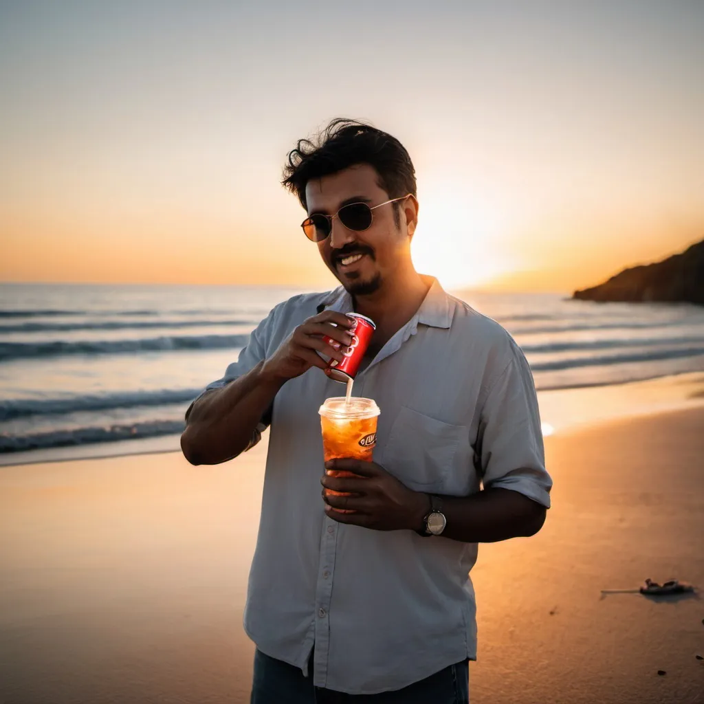 Prompt: a man holding  a soda cup on the beach on the sun set