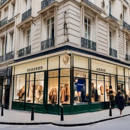 Prompt: Hudson Bay Company (HBC) retail store with banners in Paris in 2025 + add HBC logo