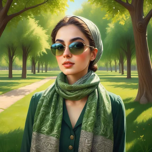 Prompt: (woman wearing sunglasses and a scarf), (elegant fashion), standing in a lush green park, vibrant green grass, towering trees in the background, (character portrait), Qajar art style influence, (detailed facial features), soft sunlight filtering through leaves, serene and sophisticated atmosphere, high resolution, ultra-detailed, rich textures.