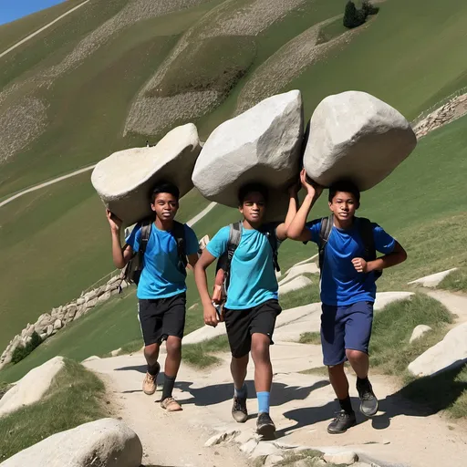 Prompt: 3 students carrying stones and climbing a hill