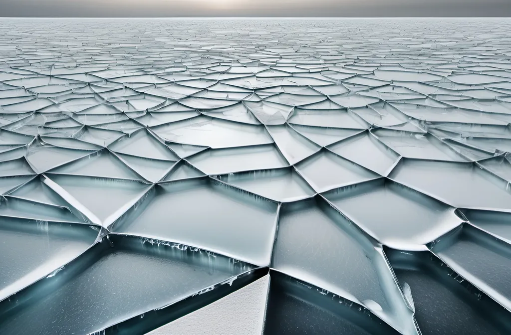 Prompt: a large expanse of  complete ice with overcast horizon in the background, with the ice completely cracked like a spider web with angular pieces of different shapes, Andreas Gursky, superflat, ice, a jigsaw puzzle