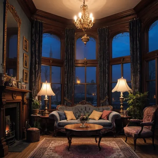 Prompt: A Victorian Living room and the outside is night 