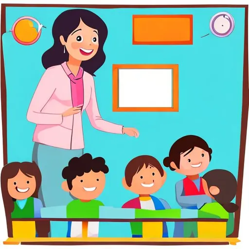 Prompt: Teacher teaches children, cartoon, warm and cute