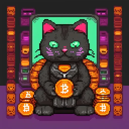 Prompt: Lucky Cat in black color, with digital cyber art style and playfully holding a virtual Bitcoin token, with cyberpunk background