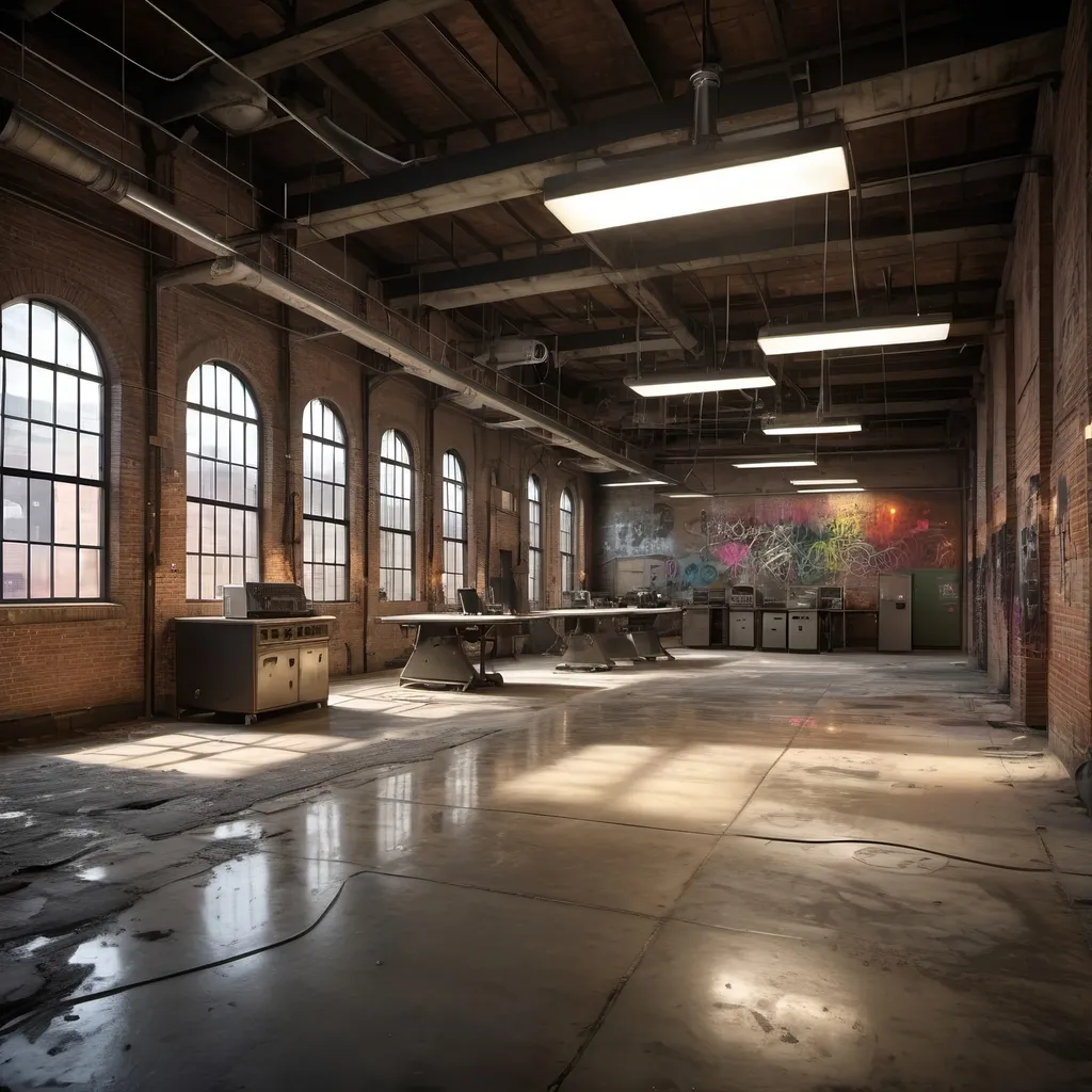 Prompt: Create a photorealistic image of an old textile mill interior that has been repurposed as a server farm by an internet startup. It is very grungy inside having been occupied previously by skateboarders