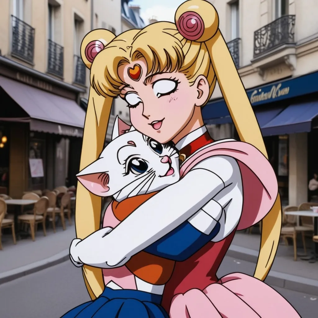 Prompt: represent  a photo of sailor moon hugging her baby chibiusa in the middle of street. they are in front of a typical parisian cafè