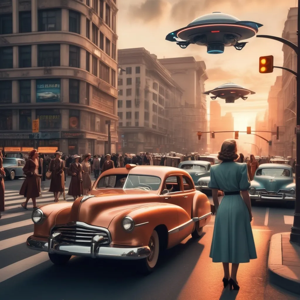 Prompt: generate a photo set in the 40s of this century. it is sunset and women in typical clothes of the time are waiting to cross the street at the traffic light. on the street there are futuristic cars and in the sky drones and flying cars