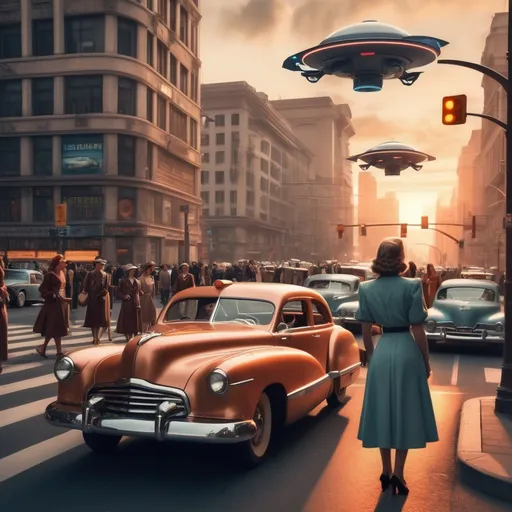 Prompt: generate a photo set in the 40s of this century. it is sunset and women in typical clothes of the time are waiting to cross the street at the traffic light. on the street there are futuristic cars and in the sky drones and flying cars