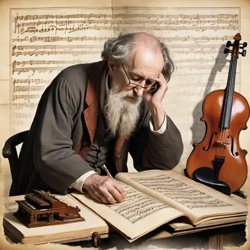 Prompt: Old genius hunched over a manuscript with musical instruments all around