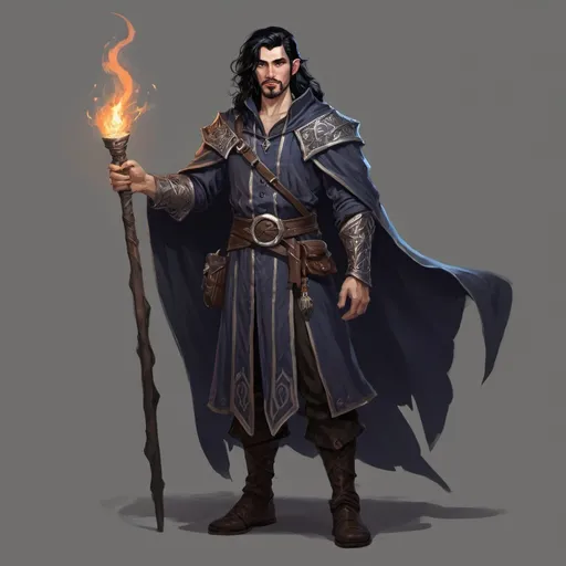 Prompt: black haired sorcerer 28 years old. dnd style concept art. with little beard.