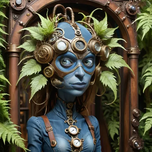 Prompt: In the dimly lit chamber of gears and steam, a fantastical creation stirred beneath a canopy of leaves cascading down from its wooden frame. Awakening to a world of brass and cog, this anthropomorphic marvel found itself a being of intricate design, its form fashioned from a mosaic of verdant foliage. Each leaf, a distinct contour sculpted by nature's hand, now melded seamlessly into a living, breathing tapestry of existence.
As consciousness unfurled like the delicate fronds of a fern, the creature's very veins pulsed with the lifeblood of intricate leaf veins, an organic network etched upon its frame - a convergence of the botanical and the mechanical. Its eyes, twin orbs of luminous intent, searched the room with an inquisitive gleam, conveying a depth of emotion that belied its leafy visage.
Donned in attire fashioned from denim-textured foliage, the creature's appearance was a blend of rustic charm and whimsical elegance. The supple fabric of its leaf clothing whispered softly with each movement, granting it a tactile semblance of the sturdy yet comforting embrace of denim.
Thus, in this wondrous amalgamation of flora and function, the steampunkesque creature stood - a marvel of artistry and ingenuity, a testament to the boundless creativity that flourished in the realm where the natural world and the fantastical collide.