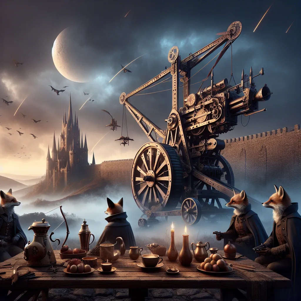 Prompt: {
  "prompt": "Illustrate a steampunk and gothic scene at dawn with an epic trebuchet and four anthropomorphic blue fox adventurers. The setting includes a dark, steampunk landscape with Dracula's fortress on a distant hill. Highlight the trebuchet with steampunk designs. Characters: Sebastian (leader), Alistair (sharpshooter), Finnegan (engineer), Cedric (medic). Include a coffee break with a steampunk coffee maker, carafe, and krumpets. Use dawn light to highlight details and create a dark, adventurous mood."
}