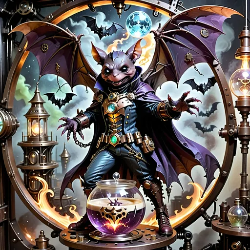 Prompt: Within arcane realms,  
Anthropomorphic bat-bodied figures glide,  
Unfurled wings sweeping through twilight skies.  
In the heart of the commune, amidst steampunk wonders,  
Three bat boys embark on a daring adventure.
Clutching a crystal sphere,  
Its vivid world encapsulated within,  
A steampunk elder reflects,  
Embracing the ethereal with knowing eyes.  
Trompe L'oeil’s whispered spell,  
Warlock's alchemy, and ancient intrigues guide them. Prehensile devil fleshy manta  ray shaped tail tips
Luciferin hues dance in the air,  
Psychedelic flames casting an otherworldly glow,  
Smoke weaving mystical tales of yore.  
The boys, undeterred, stop and have full steampunk coffee service, milk art coffee break,  move forward,  
Their high-top sneakers, a blend of leather and copper,  
Pounding the rugged terrain with determined strides.
Amidst the expansive panorama,  
Nature's flame essence glows,  
Revealing the fantasy world unfolding.  
Each step brings new perils,  
Each flutter of their wings a brush with fate.
High above, the stars bear silent witness,  
To their bravery and camaraderie,  
In the face of overwhelming odds.  
Bound by duty and a brotherhood unspoken,  
They carve their path through the heart of the commune,  
Their journey just beginning in this steampunked twilight.
With enhanced fingers tracing ancient maps,  
Expressive eyes searching for the next clue,  
They press forward into the unknown,  
Their bond a beacon in a world fraught with danger.  
Through the shimmering veil of smoke and flame,  
The adventure of three bat boys,  
Against all odds,  
Continues into the night.