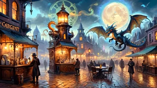 Prompt: A steampunk fantasy market square at dawn, filled with the warm glow of gaslight from antique lanterns casting soft light on cobblestone streets and shopfronts. The air is thick with mist and steam, creating an ethereal atmosphere. In the center stands 'Drag’n Mondays,' a coffee bistro adorned with ornate bronze and copper gears and pipes. Inside, antique carafes glisten in the early light. Felix, wearing a leather vest and brass-tinted Doc Martens, adjusts his brass goggles, glowing softly in the gaslight. Above, a translucent blue and copper spectral dragon hovers gracefully, breathing glowing mist as it serves coffee. Bioluminescent luciferin flowers dot the square, their soft glow mixing with pastel mists and warm hues. The scene is bathed in chiaroscuro lighting, creating dreamy depth and a magical, harmonious blend of fantasy and steampunk.