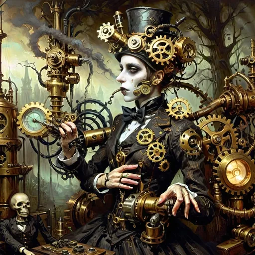 Prompt: Anthropomorphic
Sentient technological
Steampunkesque, ghoulish
In eldritch machine
Gears entwined with bone do creak
Specter of brass reigns
Blunderbuss of dread
Phosphorescent gleam ignites
Sinister light glows
Gothic spires crumble
Smoggy tendrils coil in gloom
Clockwork mists enshroud
Ethereal brass forests
Steam hums through shadows
Lanterns cast divine
Machinery’s holy light
Hope mingles with dread
Victorian cogs
Clash with demonic gears
Salvation’s struggle
Wings of copper gleam
Reach towards celestial brass
Figures in conflict
Steam-driven phantoms
Eyes aglow in iron mist
Haunt faded visions
Metal trees twist, writhe
Surreal grotesques dance, contort
Symbols darkly gleam
Mesmeric tableau
Serenity meets the void
Steampunk’s haunted grace
Warm brass kisses cold
Ominous steel’s embrace tight
Worlds in balance hang
Salvation, perdition
Machined, organic entwine
Sinisterly Gleam
Celestial gears turn
In limbo’s ethereal haze
Forests breathe in steam