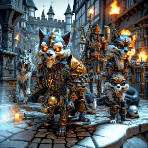 Prompt: Ball of musketeers,
Steampunk twist joins old valor,
King's guard fierce and true.
Gallant swordsmen three,
Guardian's cry heard aloud,
Innovative blend.
Amid cobblestone,
Steampunkesque technology
Anthropomorphic
Crossbow, fur coat veiled,
Fox with torch and rifle bright,
Skull helm leads the pack.
Wolf holds skulls in grasp,
Lion mask shows bravery bold,
In dim, gothic light.
Gothic shadows near,
Beasts in armor, eyes alert,
Mystery follows