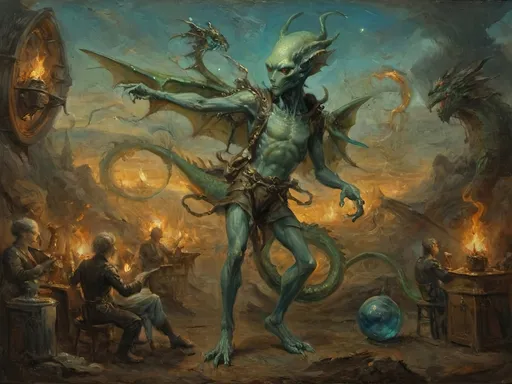 Prompt: Sophisticated scene with an anthropomorphic alien figure, ethereal and unnervingly graceful, gliding through, extra-jointed limbs,  Dragon’s Blunderbuss with mystical blue-green luciferin energy deliberate and artful interactions, poised, effortless authority, showcasing a world where art, magic, and machinery converge with savoir-faire.