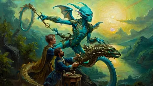 Prompt: Sophisticated scene with an anthropomorphic alien figure, ethereal and unnervingly graceful, gliding through, extra-jointed limbs,  Dragon’s Blunderbuss with mystical blue-green luciferin energy deliberate and artful interactions, poised, effortless authority, showcasing a world where art, magic, and machinery converge with savoir-faire.