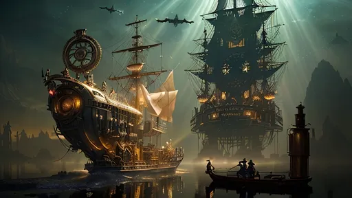 Prompt: A serene scene with glowing motifs and an otherworldly effect, rendered in the style of fountain pen ink, inspired by steampunkesque luciferin powered and illustrated. The scene depicts an exultant dawn breaking with a lucent glow anointing the sky. A pirate ship known as 'fools’ airborne vessel' ascends in a steampunk reverie, with clockwork jesters frolicking near a Rube Goldberg coffee device on deck. Soft gradients blend acrylic colors of bronze, baby blues, and gold, as the airship’s spectral hues glow. Luciferin light and translucent magic weave through the air with ethereal mist. Pistons hum in sync as gears and cogs glide in motion, demonstrating machination’s grace. Lens flares gently bloom, and expansive light shapes the scene, with softly glowing edges. Phong shading gives a touch of realism within the dreamlike haze, while soft blurs and ample negative space breathe life into the scene. Metallic whispers of gold add a sense of luxury as the ship sails through the dreaming steampunk sky, with fools in dawn’s embrace.Chiaroscuro effecits