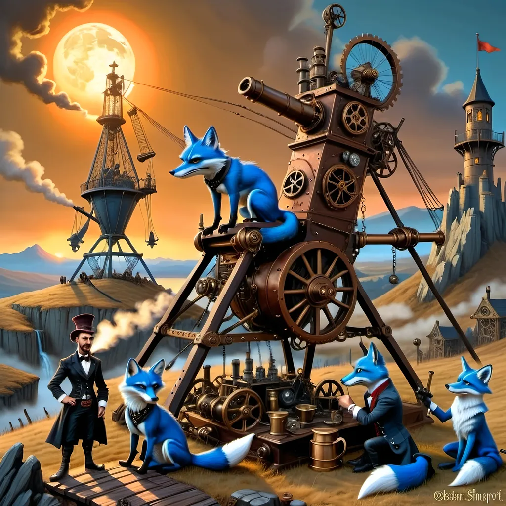 Prompt: {
  "prompt": "Illustrate a steampunkesque and gothic scene at dawn with an epic trebuchet and four anthropomorphic blue fox adventurers. The setting includes a dark, steampunkesque landscape with Dracula's fortress on a distant hill. Highlight the trebuchet with steampunkesque designs. Characters: Sebastian (leader), Alistair (sharpshooter), Finnegan (engineer), Cedric (medic). Include steampunkesque wrist grappler. Use dawn light to highlight details and create a dark, adventurous mood."
}