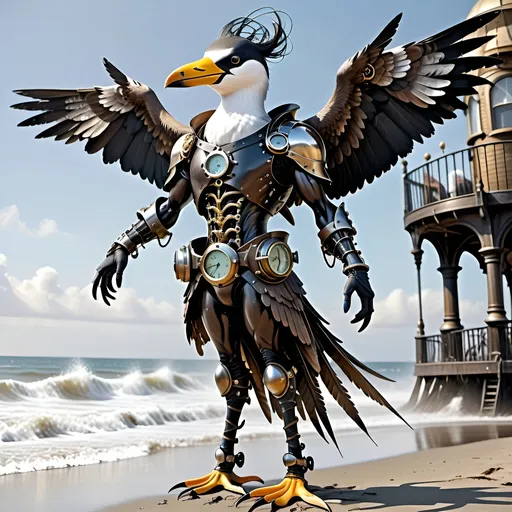 Prompt: Anthropomorphic 
Steampunkesque technology
Muscle bound seabird
---

Under morning sun,  
Seabird graces storied sands—  
Resplendent in form.

---

Elongated legs,  
Supple reeds in zephyrs’ dance—  
Sea's vast embrace calls.

---

Mischief in his eyes,  
Beachgoers’ toil unnoticed—  
Avian voyager.

---

Plumage tousled light,  
Saline breezes bring solace—  
Waves chant his essence.

---

Choreographed grace,  
Wings unfurled in ocean's song—  
Maestro of the shore.

---

Day's vibrant tableau,  
Delights of beachside revels—  
Laughter and salt tang.

---

Fellowship in skies,  
Airborne kin cavort above—  
Cerulean bond.

---

Muscle Beach's arena,  
For robust and brawny strength—  
Whimsical proscenium.

---

Stilts' realm of splendor,  
Statuesque limbs embrace waves—  
Effervescent spirit.
