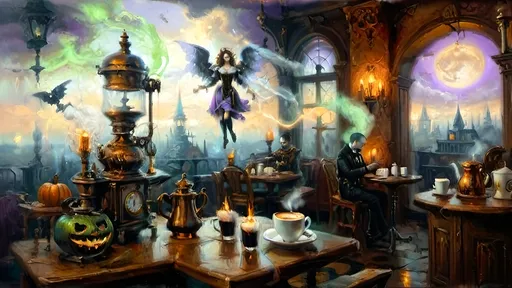 Prompt: An ethereal steampunk coffee bistro in the clouds at twilight, with angels and celestial figures serving coffee. The bistro is adorned with mechanical steampunk elements like antique bronze and copper gradients, along with silver and gold accents. The atmosphere is dreamlike and heavenly, with Halloween elements such as glowing jack-o’-lanterns, phantoms, and eerie Victorian attire. Gothic spires and shadowy ruins appear in the misty landscape, illuminated by stark chiaroscuro lighting. Eerie mists glow in shades of brown, purple, and green, while ornate brass carafes steam with celestial coffee. Angels with shimmering wings and macabre expressions serve patrons under a sky painted in lavender and soft blues. The flooring is made of glowing clouds, and the bistro furniture is airy and translucent, creating a haunting yet serene ambiance.