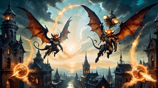 Prompt: **Title:** *Clash of the Zephyrian Skies*

**Description:** 
Above the mystical city of Zephyria, an extraordinary steampunk aerial battle unfolds, where the air is alive with the vibrant clash of Sky Guardians against the malevolent Dark Seraphs. 

The Sky Guardians, composed of anthropomorphic bats and flying squirrels, dart through the sky with an almost dance-like grace. They wield unique, multi-colored luciferin-powered blunderbusses, which emit dazzling bursts of light in electric hues of blue, green, and violet. Each shot leaves a trail of glowing luciferin, painting the sky with streaks of radiant color, a testament to their agility and skill.

Opposing them, the grotesque winged Daemons known as Dark Seraphs, weave through the sky, their bodies and attacks aglow with fierce red-orange flames, contrasting starkly against the cooler tones of the Guardians' weaponry.

In the backdrop, majestic dirigibles hover, their structures illuminated by an internal luciferin glow that radiates green and gold, casting an otherworldly light over the battlefield. These floating giants are adorned with mechanical gears and pistons, all glowing with the same luciferin energy, adding to the surreal, steampunk atmosphere.

The twilight sky serves as a canvas, where the vivid colors of magical energy and the mechanical beauty of steampunk technology merge, creating a spectacle both breathtaking and intimidating. The air is thick with the essence of magic and machine, a symphony of light and shadow playing out in the dramatic aerial ballet of Zephyria.