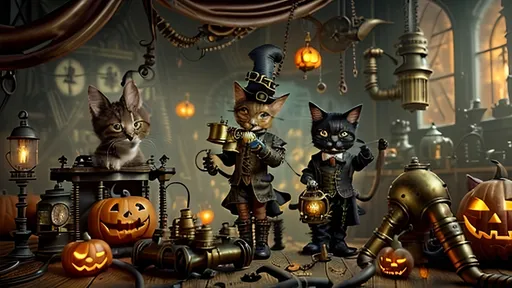 Prompt: trio of anthropomorphic kittens in steampunk Halloween toy factory, Victorian leather and copper attire, ghost hunting apparatus, brass gears, ornate brass blunderbusses, oversized Doc Martens, jester masks, sinister grins, jack-o’-lanterns, eerie masks, shadowy phantoms, gothic spires, blue and green glowing steam pipes, chiaroscuro lighting, glowing mist, modern steampunk devices, silk and brass textures