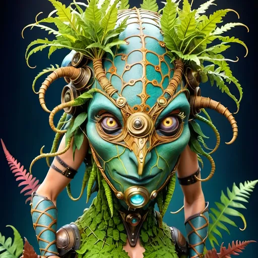 Prompt: Awakening to a world of grass and fog, this anthropomorphic marvel found itself a being of intricate design, its form fashioned from a mosaic of verdant foliage. Each leaf, a distinct contour sculpted by nature's hand, now melded seamlessly into a living, breathing tapestry of existence.

As consciousness unfurled like the delicate fronds of a fern, the anthropomorphic leaf creature's very veins pulsed with the lifeblood of intricate leaf veins, an organic network etched upon its frame - a convergence of the botanical and the mechanical. Its eyes, twin orbs of luminous intent, searched the room with an inquisitive gleam, conveying a depth of emotion that belied its leafy visage.

Donned in steampunk attire fashioned from woven textured foliage, the creature's appearance was a blend of rustic charm and whimsical elegance. The supple fabric of its leaf clothing whispered softly with each movement, granting it a tactile semblance of the sturdy yet comforting embrace of leather, exposed skin as dried leaves.

Thus, in this wondrous amalgamation of flora and function, the steampunkesque creature stood -eye contact and interaction a relaxed posture, a marvel of artistry and ingenuity, with long tusk-like vampire teeth testament to the boundless creativity that flourished in the realm where the natural world and the fantastical collide.
