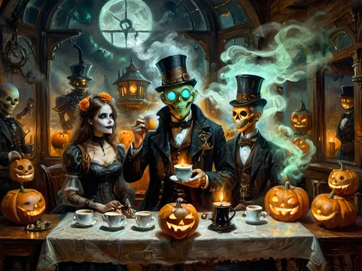 Prompt: A steampunk anthropomorphic alien hosting a midnight coffee party, set under the glowing gaze of hovering jack-o’-lanterns, enveloped in ethereal steam. The scene merges Victorian elegance with mechanical ingenuity, where ghostly guests with spectral visages sip coffee from brass cups. Flickering shadows are cast by distant ruins, and glowing mist curls at the guests' feet. The sound of unseen gears ticking rhythmically fills the air, creating an eerie yet refined atmosphere. The overall scene is a surreal tableau, blending tradition with futuristic artistry, where every element tells a story, from the steampunk decorations to the glowing jack-o’-lanterns, combining Halloween and steampunk aesthetics in a dreamlike setting.