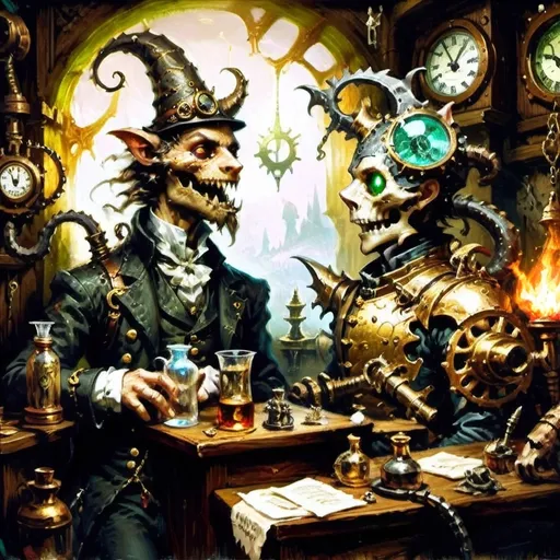 Prompt: ### Haiku Series: Steampunk Gothic Elegy
**I. Gloomy Sanctum's Veil**  
In hoary sanctum,  
Crumbling relics of dread,  
Shadows writhe and coil.  
**II. Flickers of Dismay**  
Eerie glimmers wane,  
Brass mechanisms bespeak  
Of rust's cruel decay.  
**III. Feline Warriors' Grit**  
Worn, sinewy forms,  
Anthropomorphic knights stride,  
Gear-clad audacity.  
**IV. Weapons Poised to Strike**  
In tattered espers,  
Blunderbusses starkly gleam,  
Eyes aglow with might.  
**V. The Pseudo-Drake Calls**  
Scales tarnished yet grand,  
Mechanical wyrm exhales  
Ominous green light.  
**VI. Menace in the Depths**  
Skeletal beast looms,  
Gears grating in sable night,  
Malevolence waits.  
**VII. Tension in the Air**  
Ominous foreboding,  
Gothic horror intertwines,  
Impending conflict.  
### Closing Reflection  
Eloquent shadows dance,  
In this steampunk reverie,  
Darkness meets the flame.  