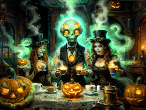 Prompt: A steampunk anthropomorphic alien hosting a midnight coffee party, set under the glowing gaze of hovering jack-o’-lanterns, enveloped in ethereal steam. The scene merges Victorian elegance with mechanical ingenuity, where ghostly guests with spectral visages sip coffee from brass cups. Flickering shadows are cast by distant ruins, and glowing mist curls at the guests' feet. The sound of unseen gears ticking rhythmically fills the air, creating an eerie yet refined atmosphere. The overall scene is a surreal tableau, blending tradition with futuristic artistry, where every element tells a story, from the steampunk decorations to the glowing jack-o’-lanterns, combining Halloween and steampunk aesthetics in a dreamlike setting.