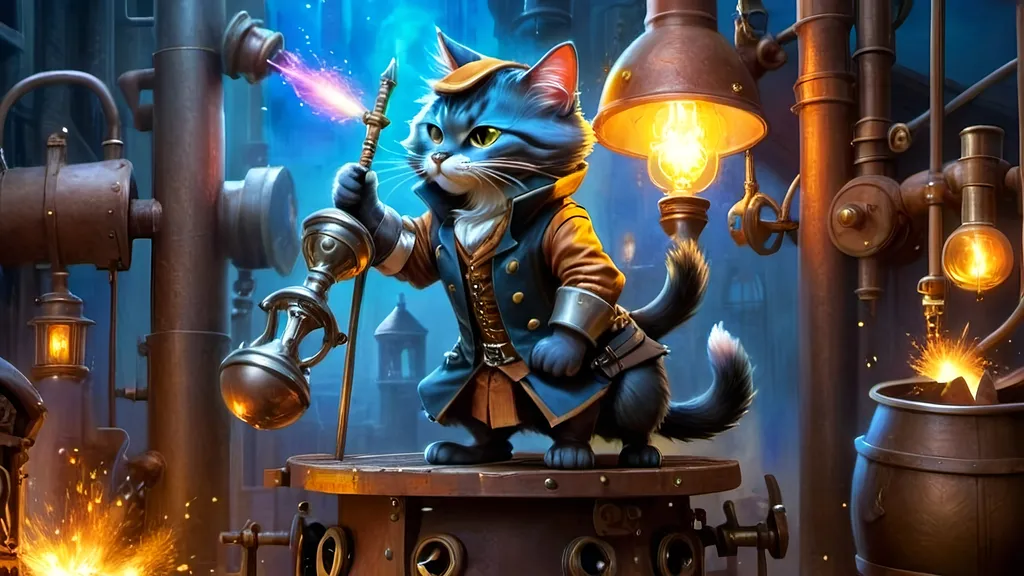 Prompt: In the heart of this industrial landscape stood Bartholomeow, a legendary blacksmith. His powerful muscles moved beneath his dark coat, illuminated by the forge's glow. Each hammer strike sent sparks flying, lighting up his determined face and wise eyes.
In his skilled paws, molten metal became art. The rhythmic clang of steel filled the foundry, where Bartholomeow crafted each piece to endure through time. 
This steampunk setting blended man and beast, metal and magic. Bartholomeow and his fellow feline workers symbolized the eternal dance of creation and destruction, where dreams and destiny were forged with every strike.
