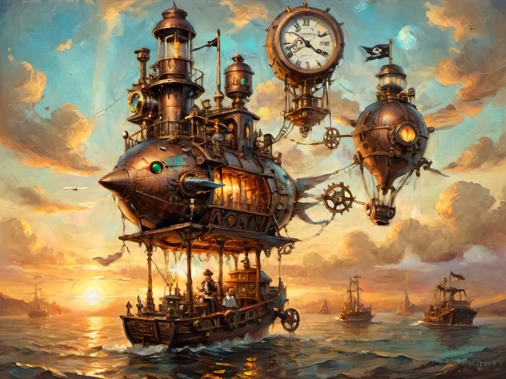 Prompt: An exuberant dawn where lucent light bathes a pirate airship in the sky, known as the 'Ship of Fools.' The airship sails in a steampunk reverie with pastel jesters frolicking around a Rube Goldberg coffee contraption. Soft focus and gentle gradients are used with acrylic colors like antique bronze, copper, baby blues, and coffee. Multicolor luciferin effects add magical transparency. Steampunk motifs include pistons, cogs, and gears in motion. Expansive light, lens flares, and glowing edges enhance the ethereal glow. Phong shading adds realism, and the composition emphasizes delicate details, soft blurs, and ample negative space with metallic accents of silver and gold for subtle luxury. The scene evokes a dreamlike steampunk fantasy inspired by a haiku.