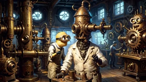 Prompt: A dimly lit workshop filled with dancing shadows cast by flickering lights. The workshop is a hive of activity with minions being crafted from brass and other metals. Spectral logs and bronze cogs are scattered around, and intricate machinery is in the background, creating a sense of trance and enchantment. The overall atmosphere is eerie and mechanical.