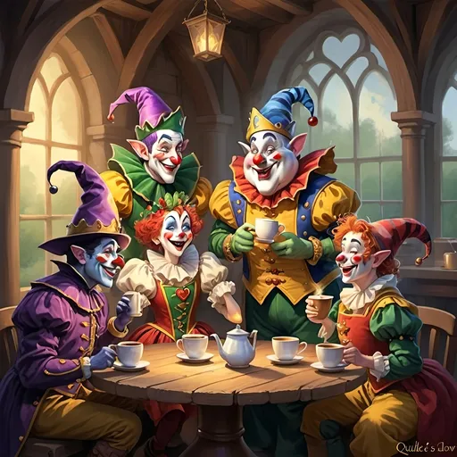 Prompt: ### I. The Jovial Troupe
Quibble, the favored jester,  
Finds solace among his troupe,  
A motley crew of mirth.
### II. Diverse Gifts
Jangle's nimble feats amaze,  
Merry’s voice enchants the soul,  
Each talent a treasure.
### III. Joyful Circus
Tumble's wild antics provoke laughter,  
Gleek's mimicry softens stone hearts,  
Colors of joy unfurl.
### IV. Morning Delights
As the sun's golden rays ascend,  
Steam swirls in cups of blissful brew,  
Delighting weary souls.
### V. Traveling Performers
Through fields of green they journey,  
Entertaining lords, merchants, serfs alike,  
Their art a gift to all.
### VI. The Duke's Challenge
In Duke Henry's solemn court,  
Their spirits tested, met with zeal,  
Undeterred by stern gazes.
### VII. Spreading Laughter
Quibble leads with charm and wit,  
His tales and jests a balm,  
Laughter infectious.
### VIII. Unfortunate Misstep
A servant's clumsy spill,  
Quibble's mimicry awry,  
A spark that ignites ire.
### IX. Facing Wrath
“What insolence!” thunders the Duke,  
Hearts heavy with disappointment,  
Yet resolve unbroken.
### X. Nights of Reflection
By the fire's gentle glow,  
Quibble's heart heavy, consoled by loyal hearts,  
Stronger together.
### XI. Resilient Resolve
“New court beckons,” whispers Merry,  
Lute echoing hope’s melody,  
United they stand.
### XII. Morning Reverie
In dawn's embrace,  
Coffee's warmth soothes,  
Spirits renewed.
### XIII. A Fresh Start
In a kinder court they perform,  
Fear's grip loosened,  
Quibble's smiles genuine.
### XIV. Eternal Bond
Laughter's thread weaves,  
A shared journey, spirits entwined,  
Jesters eternal.