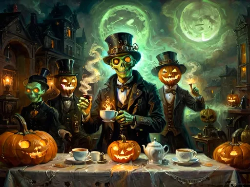 Prompt: A steampunk anthropomorphic alien hosting a midnight coffee party, set under the glowing gaze of hovering jack-o’-lanterns, enveloped in ethereal steam. The scene merges Victorian elegance with mechanical ingenuity, where ghostly guests with spectral visages sip coffee from brass cups. Flickering shadows are cast by distant ruins, and glowing mist curls at the guests' feet. The sound of unseen gears ticking rhythmically fills the air, creating an eerie yet refined atmosphere. The overall scene is a surreal tableau, blending tradition with futuristic artistry, where every element tells a story, from the steampunk decorations to the glowing jack-o’-lanterns, combining Halloween and steampunk aesthetics in a dreamlike setting.