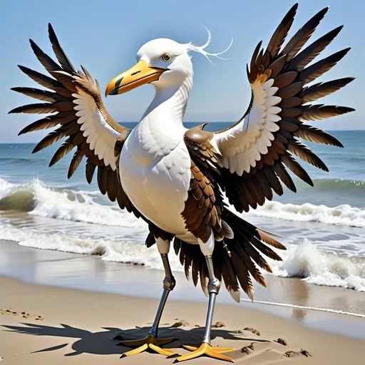 Prompt: Anthropomorphic 
Steampunkesque technology
Muscle bound seabird
---

Under morning sun,  
Seabird graces storied sands—  
Resplendent in form.

---

Elongated legs,  
Supple reeds in zephyrs’ dance—  
Sea's vast embrace calls.

---

Mischief in his eyes,  
Beachgoers’ toil unnoticed—  
Avian voyager.

---

Plumage tousled light,  
Saline breezes bring solace—  
Waves chant his essence.

---

Choreographed grace,  
Wings unfurled in ocean's song—  
Maestro of the shore.

---

Day's vibrant tableau,  
Delights of beachside revels—  
Laughter and salt tang.

---

Fellowship in skies,  
Airborne kin cavort above—  
Cerulean bond.

---

Muscle Beach's arena,  
For robust and brawny strength—  
Whimsical proscenium.

---

Stilts' realm of splendor,  
Statuesque limbs embrace waves—  
Effervescent spirit.
