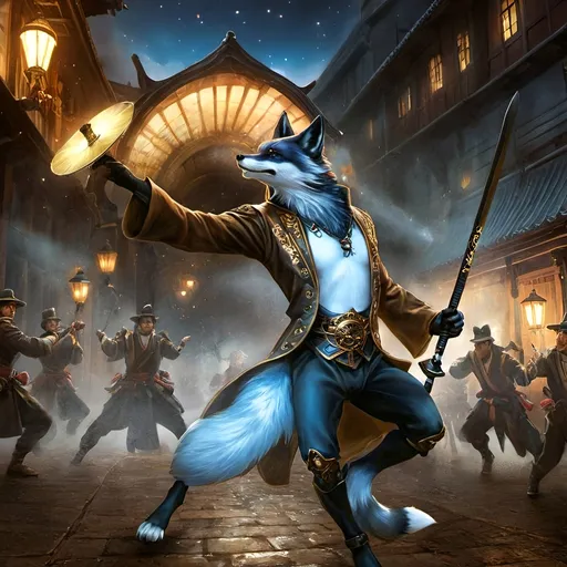 Prompt: Upon a Thomas Kinkade-style Edo period landscape:

Create an artistic composition of the “Loyal Warrior Consort” featuring acrobatic prowess with a celestial and timeless quality. The character is an early Holocene Vulpes qiuzhudingi (Blue fox) anthropomorphic warrior, showcasing martial arts skill and battle marks. Use acrylic trompe l’oeil artwork technique for dynamic action, elegance, and emotional depth. Integrate multicolor luciferin gradients to depict “Lucifurinescent glints” and “radiance ablaze,” adding otherworldly light. Blend traditional Edo period accoutrements and in-depth landscape elements with Steampunk aesthetics to symbolize “unsolved enigmas” and “alien musings.” Employ shadow layering to create depth and contrast, enhancing the mysterious atmosphere. Limit the character to two arms and two legs. Include inscriptions from a poem, such as “Radiance ablaze” and “Their tale whispers through ages,” on the character’s armor or weaponry. Set the scene against a celestial backdrop with luminous glints and a sense of transient essence, reflecting the poetic context of a timeless battle scene.