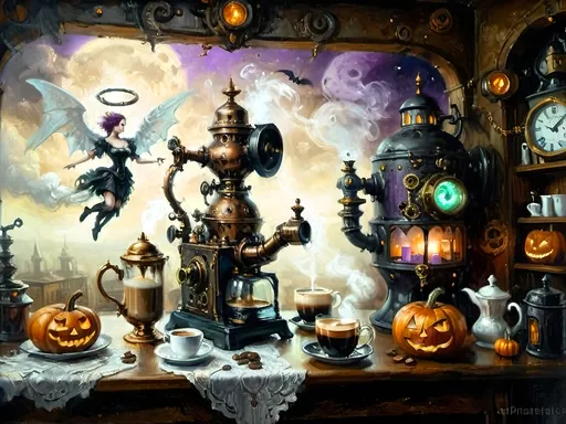 Prompt: ethereal steampunkesque coffee bistro in the clouds with angels and celestials, dreamlike atmosphere with mechanical steampunk elements, antique bronze, copper gradients, silver and gold accents. The space is heavenly and dreamlike, filled with Halloween elements like jack-o’-lanterns, phantoms, eerie Victorian attire, and a gothic twist. There are shadowy ruins and misty landscapes under stark chiaroscuro lighting, with eerie mists glowing in shades of brown, purple, and green. Celestial beings in fun macabre Victorian attire with ornate brass coffee makers and carafes add to the scene's whimsical yet haunting atmosphere.