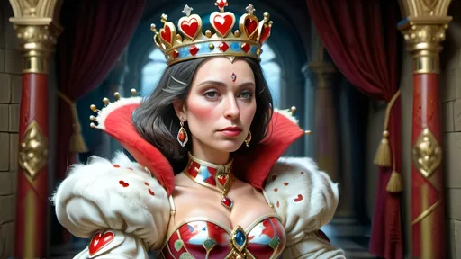 Prompt: In the grand court’s heart,
Regal Queen in love’s attire,
Crimson soldiers’ zeal.

Hearts interwoven,
Threads of gold in passion’s dance,
Majesty adorned.

Crown of opulence,
Heart-cut jewels’ iridescence,
Radiant her gaze.

Scepter in her hand,
Symbol of strength, tender might,
Light of presence gleams.

Diamond brooch so bright,
Love’s essence captured in stone,
Timeless splendor glows.

Queen’s gaze melts the steel,
Heart beats thunderous command,
Troops march, fierce and true.

In chaos, she stands,
Sovereign of war’s fierce dance,
Power, grace, combined.

Blades meet enemy,
Crimson tempest tears through lines,
Victory’s embrace.

Queen’s call echoes wide,
Men’s loyalty unyielding,
Foes tremble in fear.

Thus the Queen commands,
Ferocity unmatched reigns,
Battlefield supreme.

In the quietude post bellum's tempest,  
The Queen of Hearts surveys desolation’s crest,  
Her gaze steadfast, spirit undeterred,  
A sovereign of might, in valor preferred.  

Amidst the fallen, foes and warriors alike,  
She stands illumined, the battle’s spike,  
Her heart a bastion, her will resilient,  
Adversity bowed to a queen so brilliant.  

Soldiers convene, loyalty absolute,  
Their queen’s command, faith resolute,  
Victory's embrace unites their hearts,  
Courage aflame, valor imparts.  

As twilight falls on the sanguine ground,  
The Queen of Hearts, her presence profound,  
Power and grace in her essence twined,  
Post-battle calm, her legacy defined.  

Thus, the Queen of Hearts endures,  
Her reign unchallenged, her spirit assures,  
A ruler of hearts in conflict and peace,  
Her kingdom secure, her sovereignty's lease.