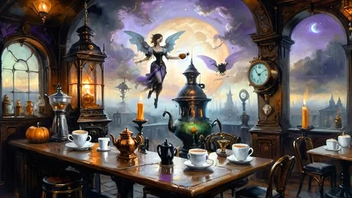 Prompt: An ethereal steampunk coffee bistro in the clouds at twilight, with angels and celestial figures serving coffee. The bistro is adorned with mechanical steampunk elements like antique bronze and copper gradients, along with silver and gold accents. The atmosphere is dreamlike and heavenly, with Halloween elements such as glowing jack-o’-lanterns, phantoms, and eerie Victorian attire. Gothic spires and shadowy ruins appear in the misty landscape, illuminated by stark chiaroscuro lighting. Eerie mists glow in shades of brown, purple, and green, while ornate brass carafes steam with celestial coffee. Angels with shimmering wings and macabre expressions serve patrons under a sky painted in lavender and soft blues. The flooring is made of glowing clouds, and the bistro furniture is airy and translucent, creating a haunting yet serene ambiance.