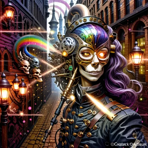 Prompt: Amid cobblestone,
Gas lamps flicker bright, bright light
Metallic dragon.
Top hats, goggles gleam,
Elaborate dance of dreams,
Costumes on the street.
A staff’s fiery glow,
Adventure in steampunk air,
Brick buildings whisper.
Gothic shadows loom,
Mystery in armor's eyes,
Beasts stand ready there.
Crossbow and fur coat,
Fox with torch and rifle near,
Skull helm leads the pack.
Wolf with skulls in hand,
Lion mask's courageous stand,
Gothic vault's dim light