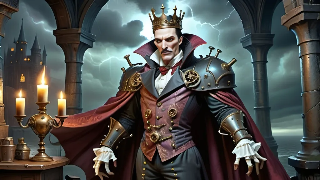 Prompt: In the chilling realm of dark command,  
Anthropomorphic king in siege,  
Golden goblets filled with coffee grand,  
To serve the steampunked league.
Through corridors of dread and fear,  
Where shadows dance with gargoyle's might,  
In gothic gears and enchantments drear,  
The king awaits the coming fight.
His regal cape of crimson hue,  
Amidst the storm and lashing rain,  
Anthropomorphic bats, in crescent swoon,  
Crossbows poised with deadly aim.
Upon the battlements they stand,  
Dracula’s gaze, a chilling sight,  
In steampowered grace, a dark demand,  
His realm aglow with eerie light.
Machinery groans with dark intent,  
Metal entwines with magic's bane,  
As trebuchets in darkness, bent,  
Prepare to breach the domain.
Through the whirling storm they press,  
Defenders tense, the siege at hand,  
In a Gothic tale of dark distress,  
Where steampunk and dread command.
In the clash of bronze and copper gleam,  
Gothic horrors meet the day,  
A macabre symphony, a darkened dream,  
In the realm where shadows play.
So unfolds the king's dark verse,  
Steeped in steampunk's cursed allure,  
Anthropomorphic sovereign's curse,  
In a gothic saga, dread and pure.