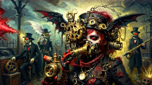 Prompt: Anthropomorphic
Dhampir technologically
Steampunkesque, sentient
Dhampir stalks dynamic
luciferin colorful
Blunderbuss muzzle flashes
eschatologically
Twilight Dhampirs rise,
Menace veiled in shadowed guise,
Gothic brass attire.
Red eyes ominous,
Faces draped in dark intent,
Fangs gleam in dim night.
Wings of metal spread,
Vocalist’s eldritch command,
Haunted notes unfurl.
Gears in twilight's grip,
Fog and rot cloak rusted cogs,
Machinery looms.
Blood-red sky above,
Sinister shadows dance close,
Crowd in hushed terror.