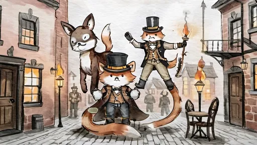 Prompt: Amid cobblestone,
Metallic dragon armor,
Gas lamps flicker bright.

Top hats, goggles gleam,
Elaborate costumes dance,
Street alive with dreams.

A staff’s fiery glow,
Adventure in steampunk air,
Brick buildings bear tales.

Gothic shadows loom,
Beasts in armor stand ready,
Mystery in eyes.

Crossbow in fur coat,
Fox with torch and long rifle,
Skull helm leads the pack.

Wolf holds skulls in hand,
Lion mask with fierce courage,
Dim light, gothic vault.

Ball of musketeers,
Steampunk twist joins old valor,
King's guard fierce and true.

Gallant swordsmen three,
Innovative one appears,
Guardian's cry heard.

Camaraderie,
King’s gift of inventive tools,
Bond of strength renewed.

Court’s festivity,
Blend of chivalry and steam,
Loyal hearts defend.